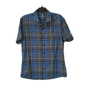 KUHL Mens Large Blue Plaid Short Sleeve Metal Button Up Shirt Nylon Polyester